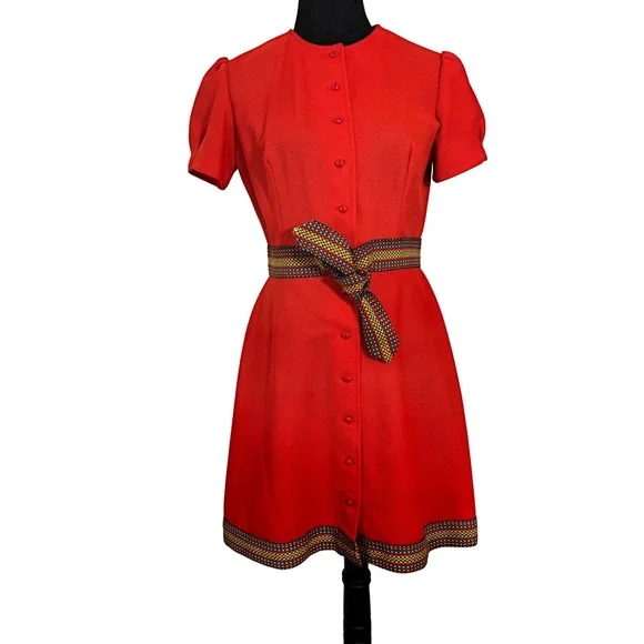Vintage 60s Teena‎ Paige Red Dress Button Down Mini Shift Dress Short Sleeve - Picture 2 of 16